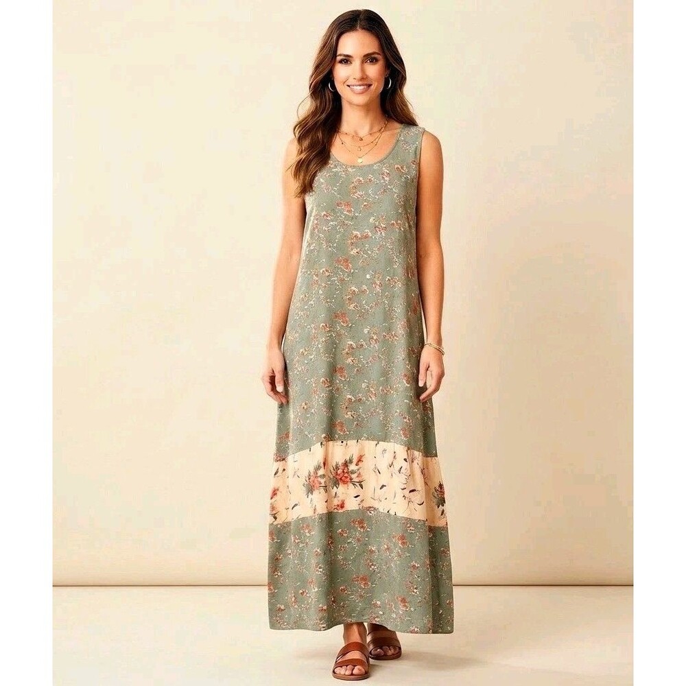 Vintage J.G. Hook Green Floral Maxi Dress Women's Size L Rayon Cottagecore